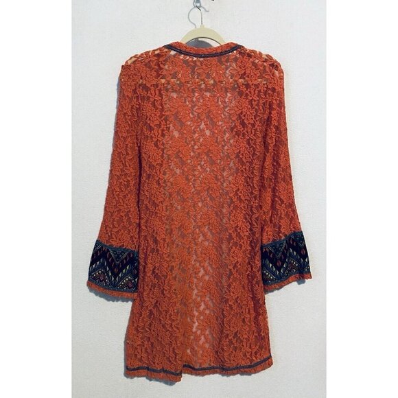 Gimmicks by BKE Cardigan Womens XL Coral Orange Lace Open Front Aztec Trim Boho - Picture 4 of 8
